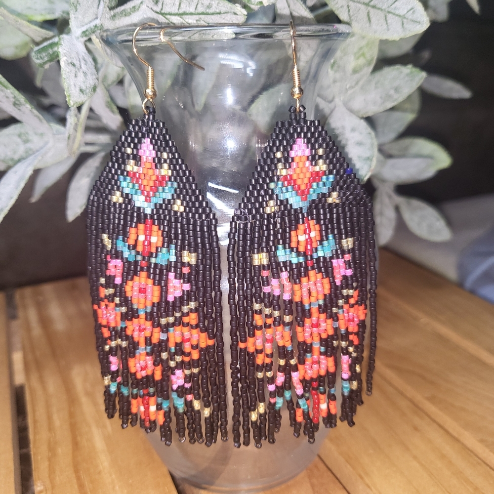Handmade Beaded Floral Folk Blossoms Fringe Earrings - Fiona - Picture 1 of 8